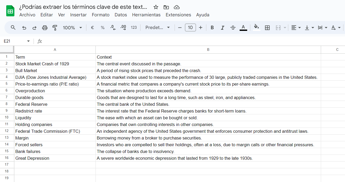 Extracción terminológica en hoja de cálculo