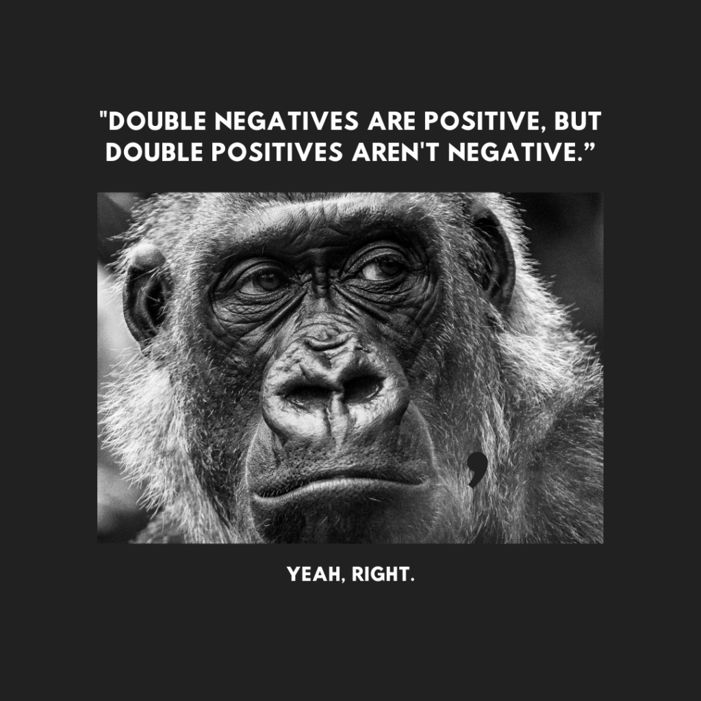 "Double negatives are positive, but double positives aren't negative."
Yeah, right.